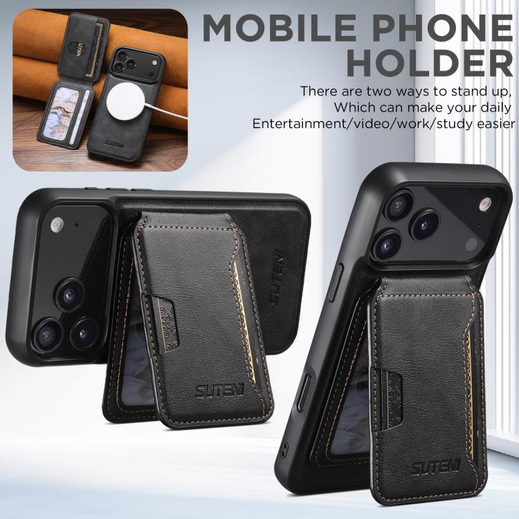 For iPhone 17 Suteni M3 Card Bag MagSafe Cowhide Texture Leather Phone Case(Black) - iPhone 17 Cases by Suteni | Online Shopping UK | buy2fix