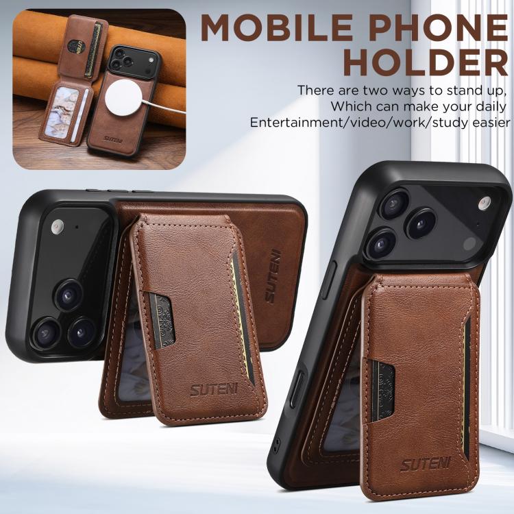 For iPhone 17 Suteni M3 Card Bag MagSafe Cowhide Texture Leather Phone Case(Brown) - iPhone 17 Cases by Suteni | Online Shopping UK | buy2fix