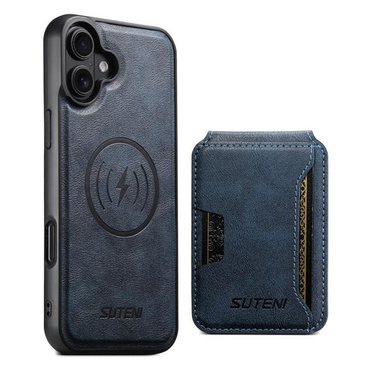 For iPhone 17 Suteni M3 Card Bag MagSafe Cowhide Texture Leather Phone Case(Blue) - iPhone 17 Cases by Suteni | Online Shopping UK | buy2fix