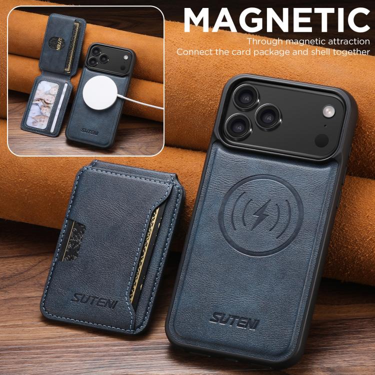 For iPhone 17 Suteni M3 Card Bag MagSafe Cowhide Texture Leather Phone Case(Blue) - iPhone 17 Cases by Suteni | Online Shopping UK | buy2fix