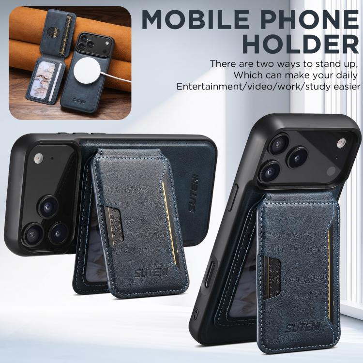 For iPhone Air Suteni M3 Card Bag MagSafe Cowhide Texture Leather Phone Case(Blue) - iPhone Air Cases by Suteni | Online Shopping UK | buy2fix
