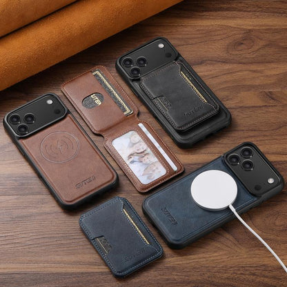 For iPhone 15 Pro Suteni M3 Card Bag MagSafe Cowhide Texture Leather Phone Case(Black) - iPhone 15 Pro Cases by Suteni | Online Shopping UK | buy2fix