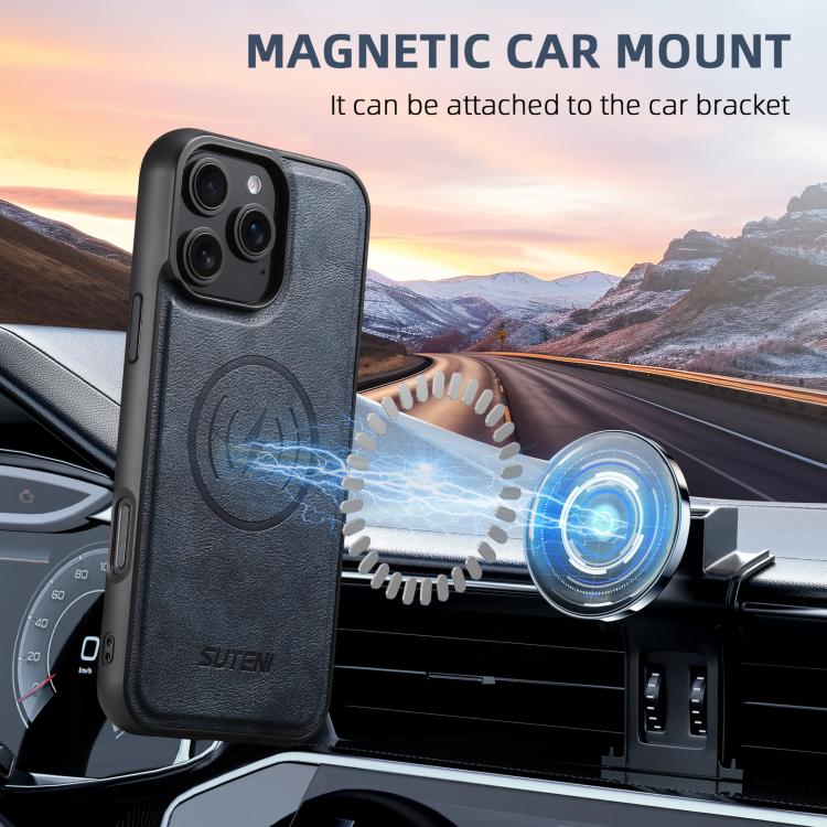 For iPhone 16 Pro Suteni M4 Magnetic Card Bag MagSafe Leather Phone Case(Blue) - iPhone 16 Pro Cases by Suteni | Online Shopping UK | buy2fix