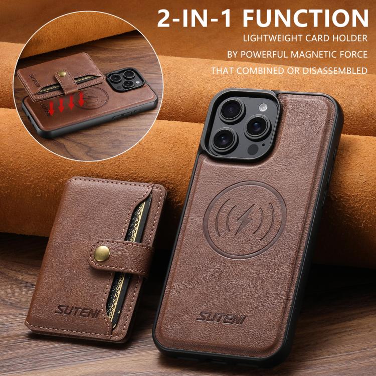 For iPhone 15 Pro Max Suteni M4 Magnetic Card Bag MagSafe Leather Phone Case(Brown) - iPhone 15 Pro Max Cases by Suteni | Online Shopping UK | buy2fix