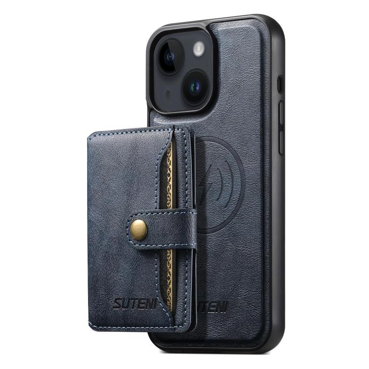 For iPhone 15 Plus Suteni M4 Magnetic Card Bag MagSafe Leather Phone Case(Blue) - iPhone 15 Plus Cases by Suteni | Online Shopping UK | buy2fix