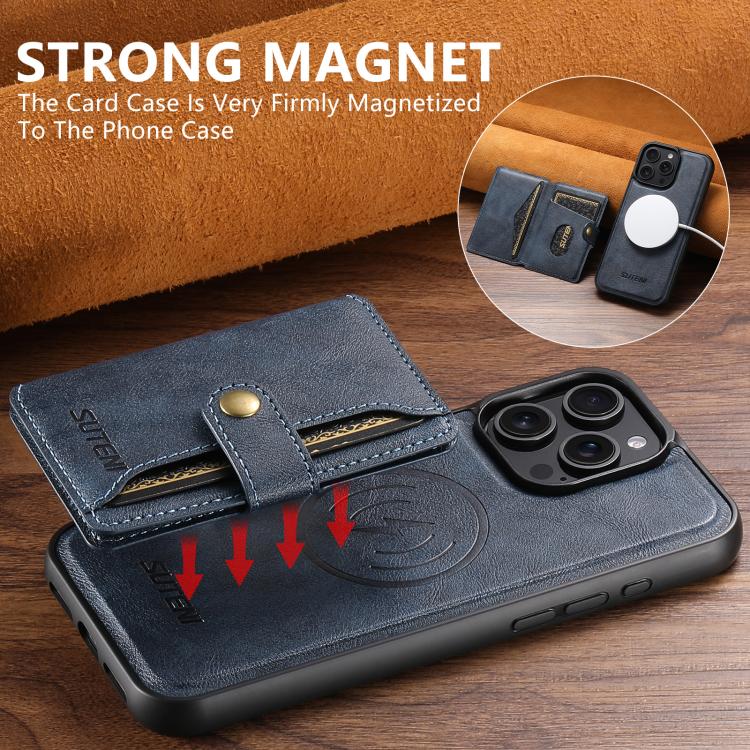 For iPhone 15 Suteni M4 Magnetic Card Bag MagSafe Leather Phone Case(Blue) - iPhone 15 Cases by Suteni | Online Shopping UK | buy2fix