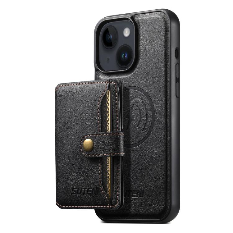 For iPhone 14 Suteni M4 Magnetic Card Bag MagSafe Leather Phone Case(Black) - iPhone 14 Cases by Suteni | Online Shopping UK | buy2fix