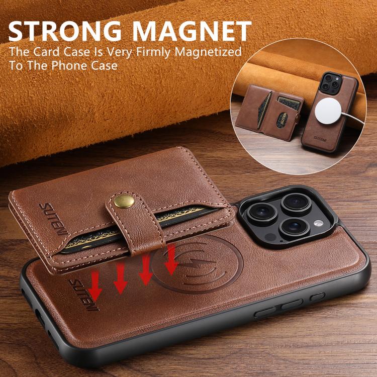 For iPhone 14 Suteni M4 Magnetic Card Bag MagSafe Leather Phone Case(Brown) - iPhone 14 Cases by Suteni | Online Shopping UK | buy2fix