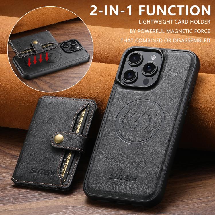For iPhone 14 Pro Max Suteni M4 Magnetic Card Bag MagSafe Leather Phone Case(Black) - iPhone 14 Pro Max Cases by Suteni | Online Shopping UK | buy2fix
