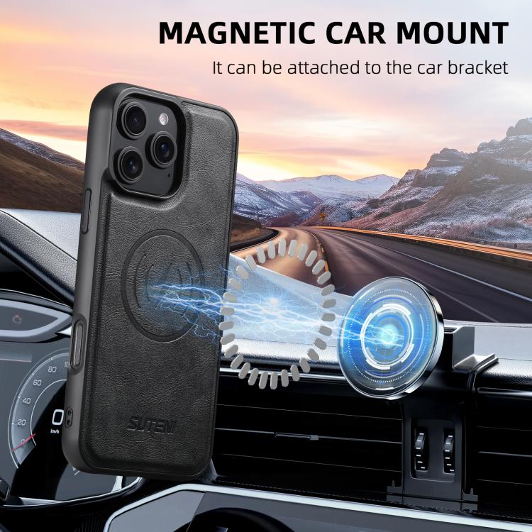 For iPhone 13 Pro Suteni M4 Magnetic Card Bag MagSafe Leather Phone Case(Black) - iPhone 13 Pro Cases by Suteni | Online Shopping UK | buy2fix