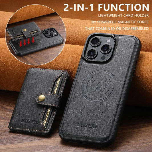 For iPhone 12 Suteni M4 Magnetic Card Bag MagSafe Leather Phone Case(Black) - iPhone 12 / 12 Pro Cases by Suteni | Online Shopping UK | buy2fix