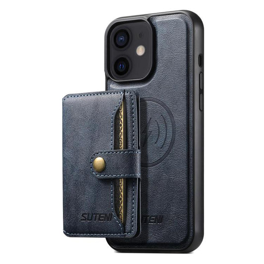 For iPhone 12 Suteni M4 Magnetic Card Bag MagSafe Leather Phone Case(Blue) - iPhone 12 / 12 Pro Cases by Suteni | Online Shopping UK | buy2fix