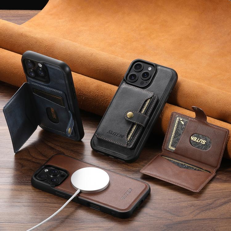For iPhone 15 Pro Max Suteni M4 Magnetic Card Bag MagSafe Leather Phone Case(Black) - iPhone 15 Pro Max Cases by Suteni | Online Shopping UK | buy2fix
