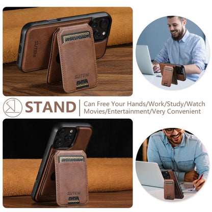 For iPhone 14 Plus Suteni M5 Magnetic Card Bag MagSafe Leather Phone Case(Brown) - iPhone 14 Plus Cases by Suteni | Online Shopping UK | buy2fix