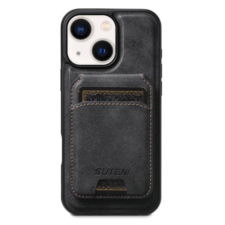 For iPhone 14 Suteni M5 Magnetic Card Bag MagSafe Leather Phone Case(Black) - iPhone 14 Cases by Suteni | Online Shopping UK | buy2fix