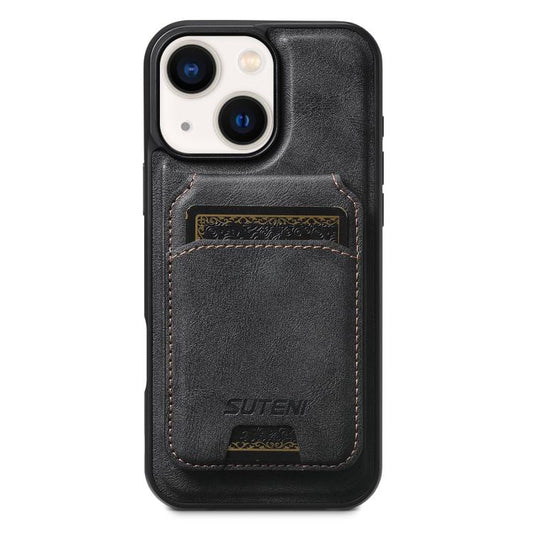 For iPhone 14 Suteni M5 Magnetic Card Bag MagSafe Leather Phone Case(Black) - iPhone 14 Cases by Suteni | Online Shopping UK | buy2fix