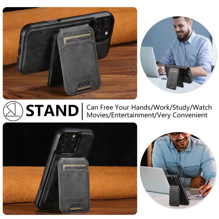 For iPhone 14 Pro Suteni M5 Magnetic Card Bag MagSafe Leather Phone Case(Black) - iPhone 14 Pro Cases by Suteni | Online Shopping UK | buy2fix
