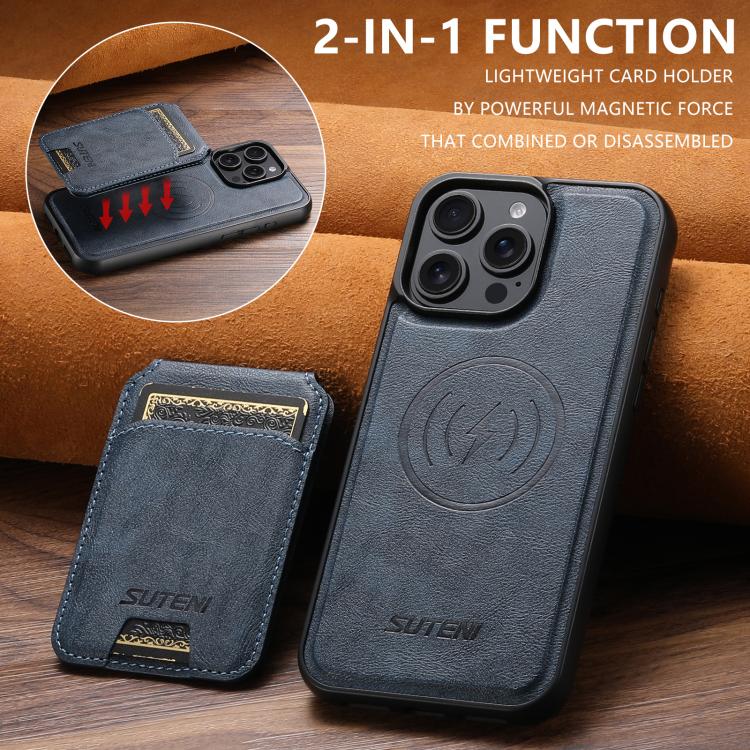 For iPhone 14 Pro Suteni M5 Magnetic Card Bag MagSafe Leather Phone Case(Blue) - iPhone 14 Pro Cases by Suteni | Online Shopping UK | buy2fix