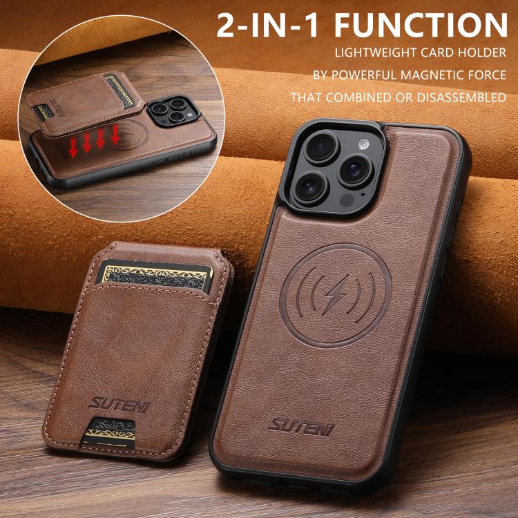 For iPhone 14 Pro Max Suteni M5 Magnetic Card Bag MagSafe Leather Phone Case(Brown) - iPhone 14 Pro Max Cases by Suteni | Online Shopping UK | buy2fix