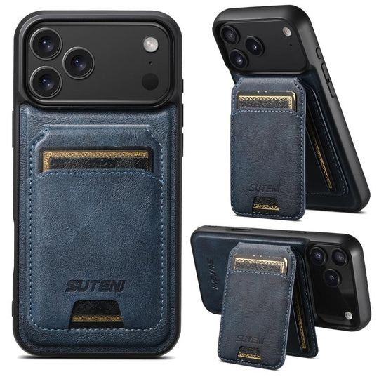 For iPhone 17 Pro Max Suteni M5 Magnetic Card Bag MagSafe Cowhide Texture Leather Phone Case(Blue)