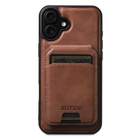For iPhone 17 Suteni M5 Magnetic Card Bag MagSafe Cowhide Texture Leather Phone Case(Brown)