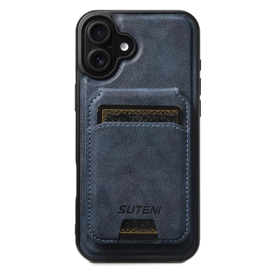 For iPhone 17 Suteni M5 Magnetic Card Bag MagSafe Cowhide Texture Leather Phone Case(Blue)