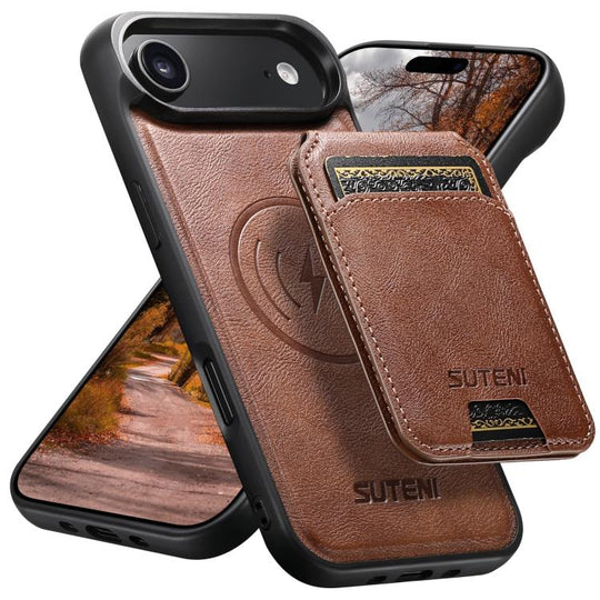 For iPhone Air Suteni M5 Magnetic Card Bag MagSafe Cowhide Texture Leather Phone Case(Brown)