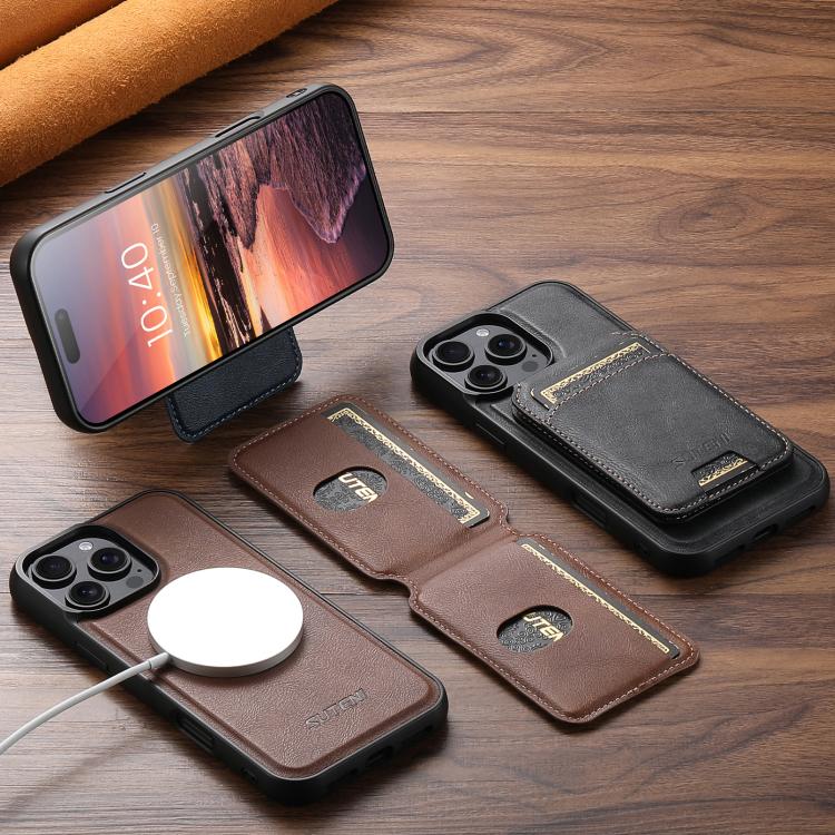 For iPhone 14 Suteni M5 Magnetic Card Bag MagSafe Leather Phone Case(Brown) - iPhone 14 Cases by Suteni | Online Shopping UK | buy2fix