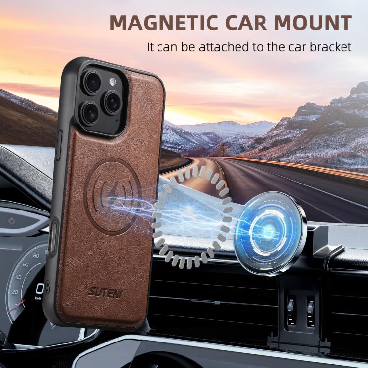 For iPhone 16 Plus Suteni G5 Cowhide Leather MagSafe Magnetic Phone Case(Brown) - iPhone 16 Plus Cases by Suteni | Online Shopping UK | buy2fix