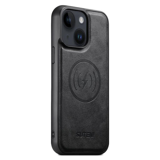 For iPhone 14 Plus Suteni G5 Cowhide Leather MagSafe Magnetic Phone Case(Black)