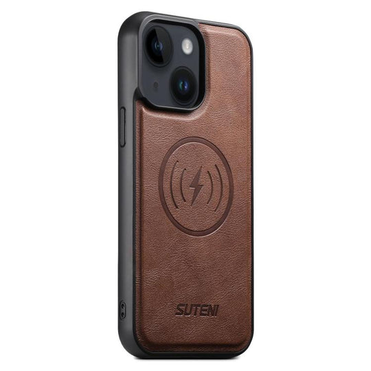 For iPhone 14 Suteni G5 Cowhide Leather MagSafe Magnetic Phone Case(Brown)