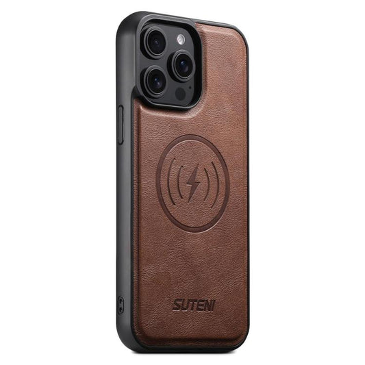 For iPhone 14 Pro Suteni G5 Cowhide Leather MagSafe Magnetic Phone Case(Brown) - iPhone 14 Pro Cases by Suteni | Online Shopping UK | buy2fix