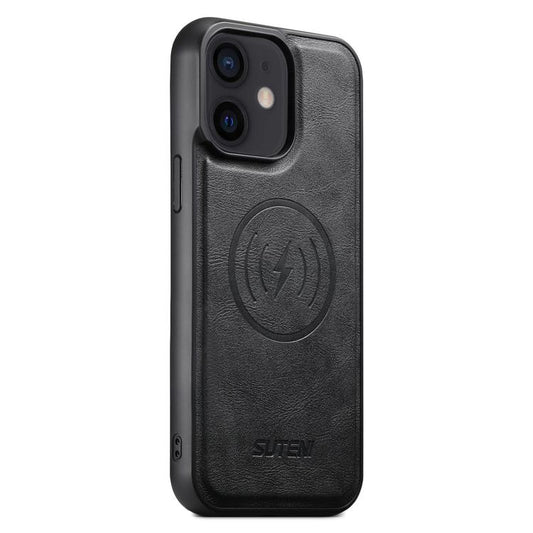For iPhone 12 Suteni G5 Cowhide Leather MagSafe Magnetic Phone Case(Black) - iPhone 12 / 12 Pro Cases by Suteni | Online Shopping UK | buy2fix