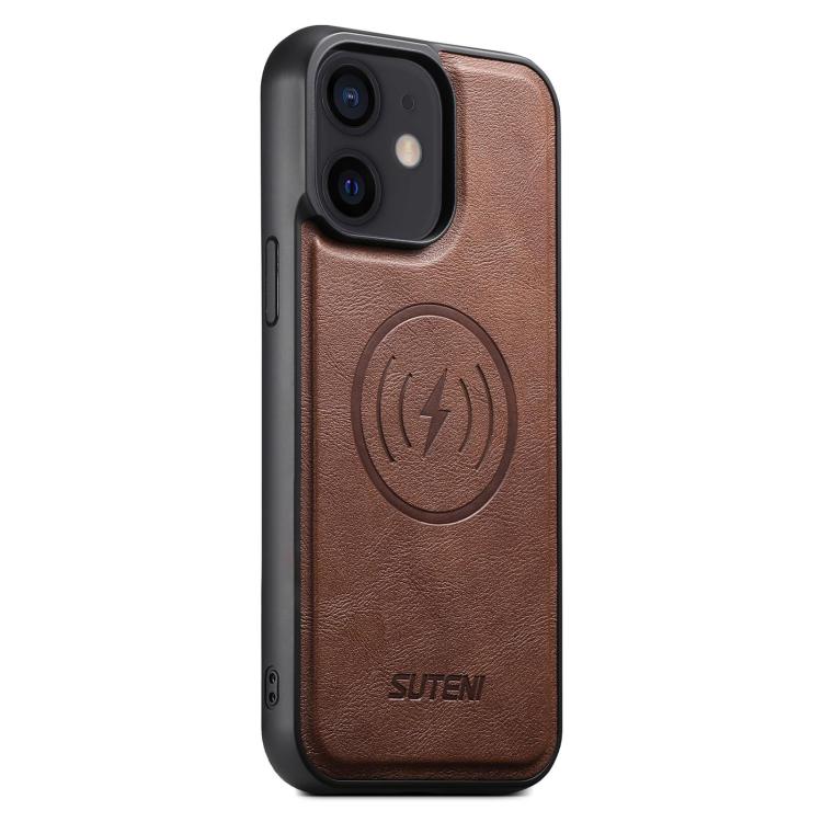 For iPhone 12 Suteni G5 Cowhide Leather MagSafe Magnetic Phone Case(Brown) - iPhone 12 / 12 Pro Cases by Suteni | Online Shopping UK | buy2fix