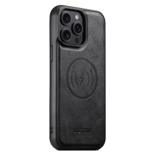 For iPhone 12 Pro Suteni G5 Cowhide Leather MagSafe Magnetic Phone Case(Black)