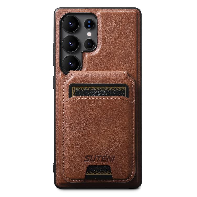 For Samsung Galaxy S22 Ultra 5G Suteni M5 Magnetic Card Bag MagSafe Leather Phone Case(Brown) - Galaxy S22 Ultra 5G Cases by Suteni | Online Shopping UK | buy2fix