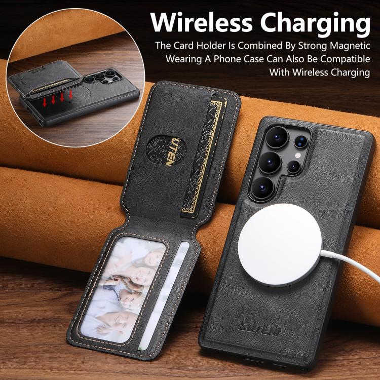 For Samsung Galaxy S25 Ultra 5G Suteni M3 Card Bag MagSafe Cowhide Texture Leather Phone Case(Black) - Galaxy S25 Ultra 5G Cases by Suteni | Online Shopping UK | buy2fix