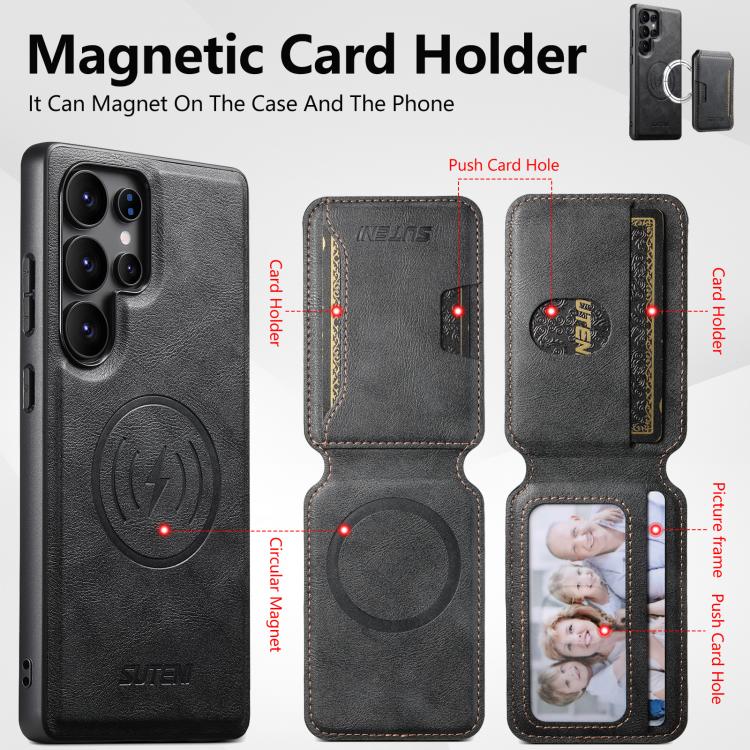 For Samsung Galaxy S25 Ultra 5G Suteni M3 Card Bag MagSafe Cowhide Texture Leather Phone Case(Black) - Galaxy S25 Ultra 5G Cases by Suteni | Online Shopping UK | buy2fix