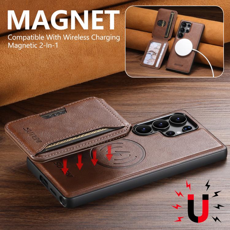 For Samsung Galaxy S25 Ultra 5G Suteni M3 Card Bag MagSafe Cowhide Texture Leather Phone Case(Brown) - Galaxy S25 Ultra 5G Cases by Suteni | Online Shopping UK | buy2fix