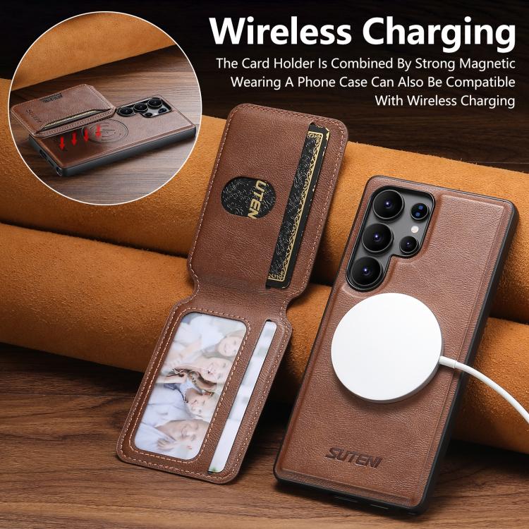 For Samsung Galaxy S25 Ultra 5G Suteni M3 Card Bag MagSafe Cowhide Texture Leather Phone Case(Brown) - Galaxy S25 Ultra 5G Cases by Suteni | Online Shopping UK | buy2fix