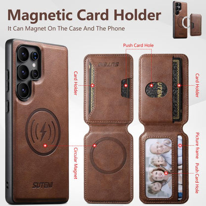 For Samsung Galaxy S25 Ultra 5G Suteni M3 Card Bag MagSafe Cowhide Texture Leather Phone Case(Brown) - Galaxy S25 Ultra 5G Cases by Suteni | Online Shopping UK | buy2fix