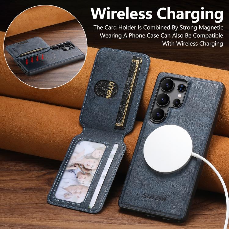 For Samsung Galaxy S25 Ultra 5G Suteni M3 Card Bag MagSafe Cowhide Texture Leather Phone Case(Blue) - Galaxy S25 Ultra 5G Cases by Suteni | Online Shopping UK | buy2fix