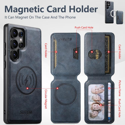 For Samsung Galaxy S25 Ultra 5G Suteni M3 Card Bag MagSafe Cowhide Texture Leather Phone Case(Blue) - Galaxy S25 Ultra 5G Cases by Suteni | Online Shopping UK | buy2fix