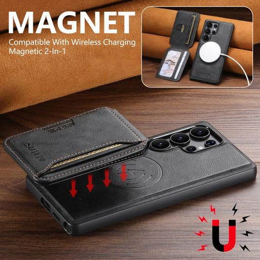 For Samsung Galaxy S24 Ultra 5G Suteni M3 Card Bag MagSafe Cowhide Texture Leather Phone Case(Black) - Galaxy S24 Ultra 5G Cases by Suteni | Online Shopping UK | buy2fix
