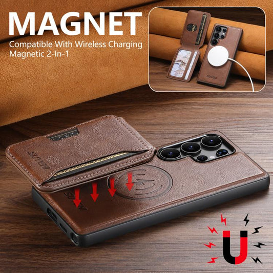 For Samsung Galaxy S23 Ultra 5G Suteni M3 Card Bag MagSafe Cowhide Texture Leather Phone Case(Brown) - Galaxy S23 Ultra 5G Cases by Suteni | Online Shopping UK | buy2fix