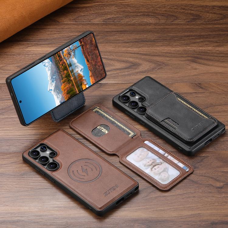 For Samsung Galaxy S25 Ultra 5G Suteni M3 Card Bag MagSafe Cowhide Texture Leather Phone Case(Black) - Galaxy S25 Ultra 5G Cases by Suteni | Online Shopping UK | buy2fix