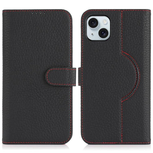 For iPhone 15 Genuine Leather Card Wallet MagSafe Phone Case(Litchi Black)