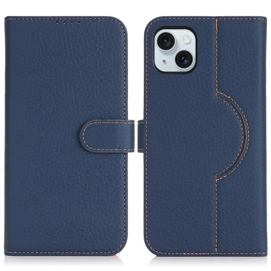 For iPhone 15 Genuine Leather Card Wallet MagSafe Phone Case(Litchi Dark Blue)