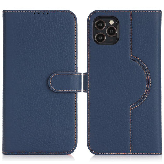 For iPhone 15 Pro Genuine Leather Card Wallet MagSafe Phone Case(Litchi Dark Blue) - iPhone 15 Pro Cases by buy2fix | Online Shopping UK | buy2fix