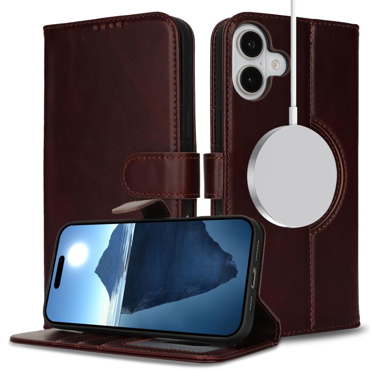 For iPhone 16 Genuine Leather Card Wallet MagSafe Phone Case(Dark Brown) - iPhone 16 Cases by buy2fix | Online Shopping UK | buy2fix